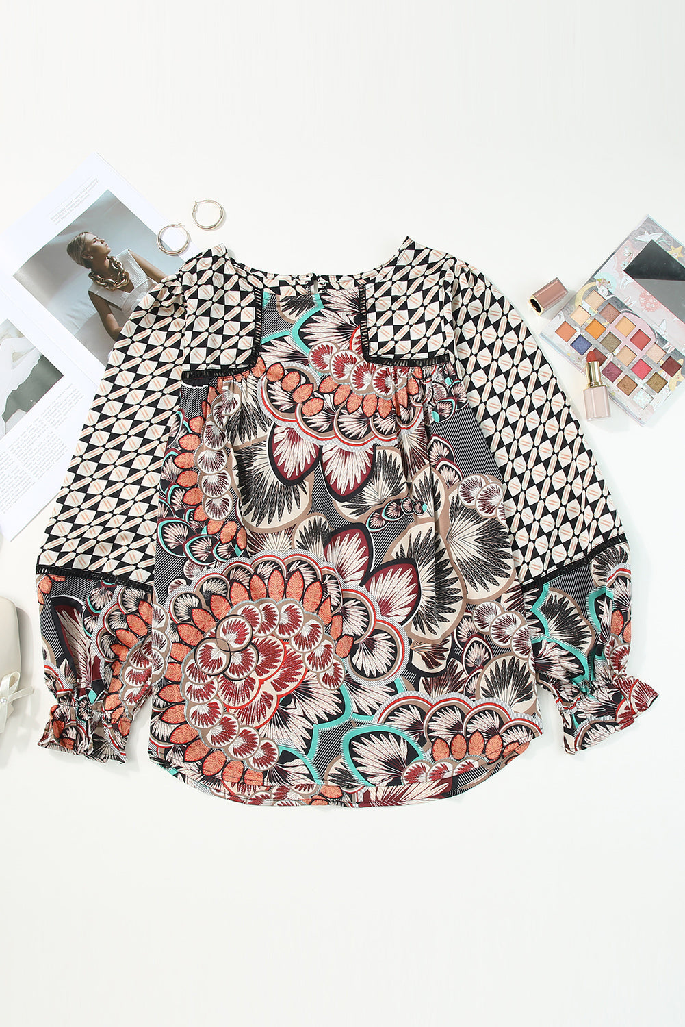 Mixed Floral Geometric Print Ruffled Long Sleeve Blouse