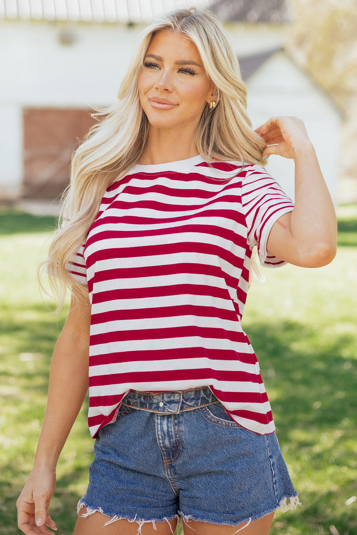 Red Stripe Patchwork Round Neck Short Sleeve T Shirt
