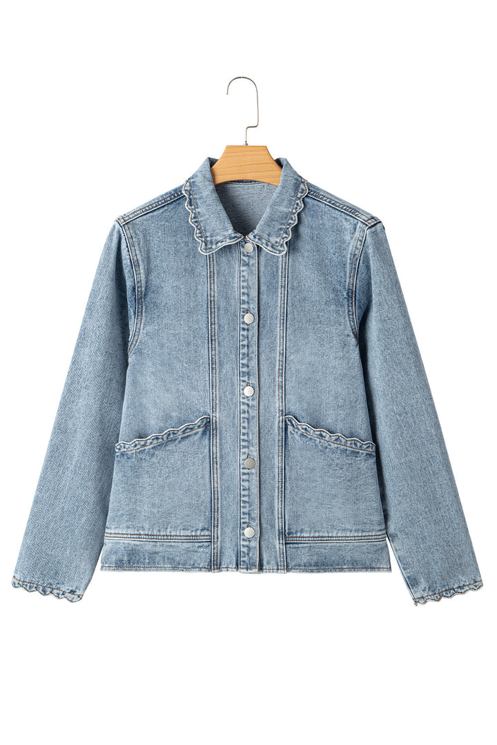 Scallop Trim Collar Patched Pocket Button Up Denim Jacket