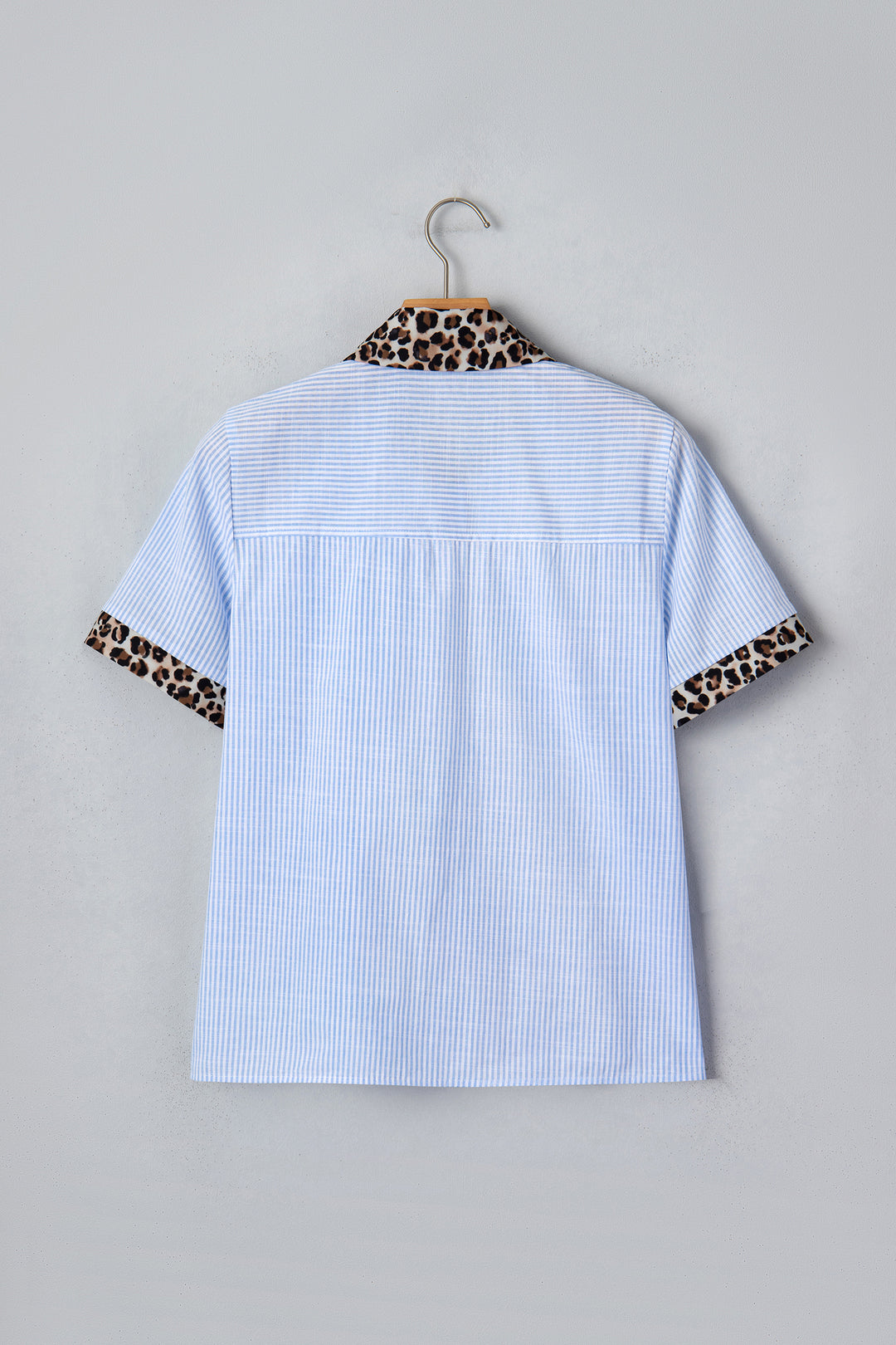 Sky Blue Stripe Leopard Contrast Collar Short Sleeve Shirt