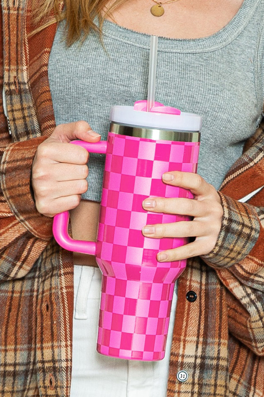 Checkered Print Handled Stainless Steel Tumbler Cup 40oz