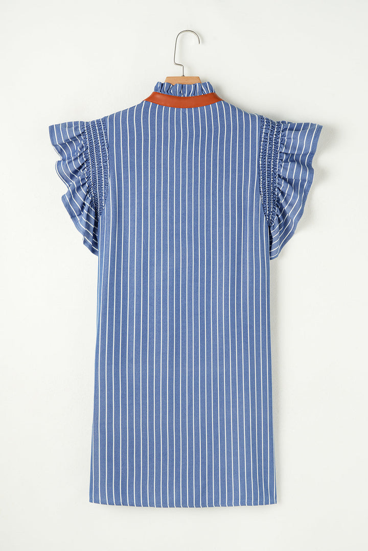 frilly split neck shirred ruffle sleeve short shift dress
