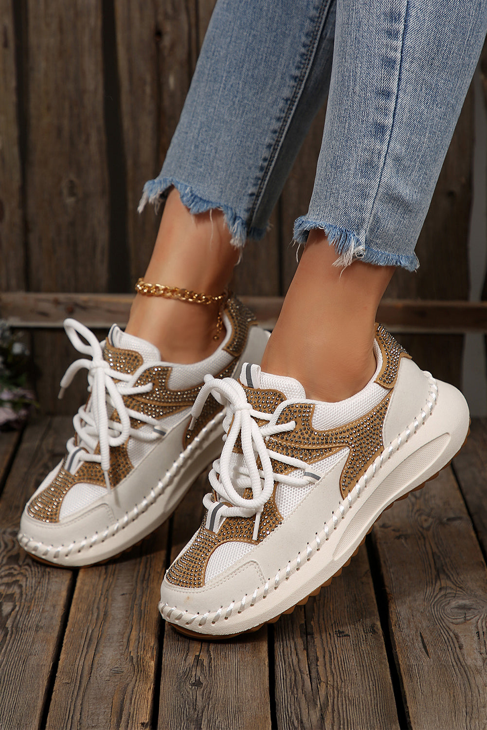 Rhinestone Embellished Color Block Patchwork Lace-up Breathable Sneakers