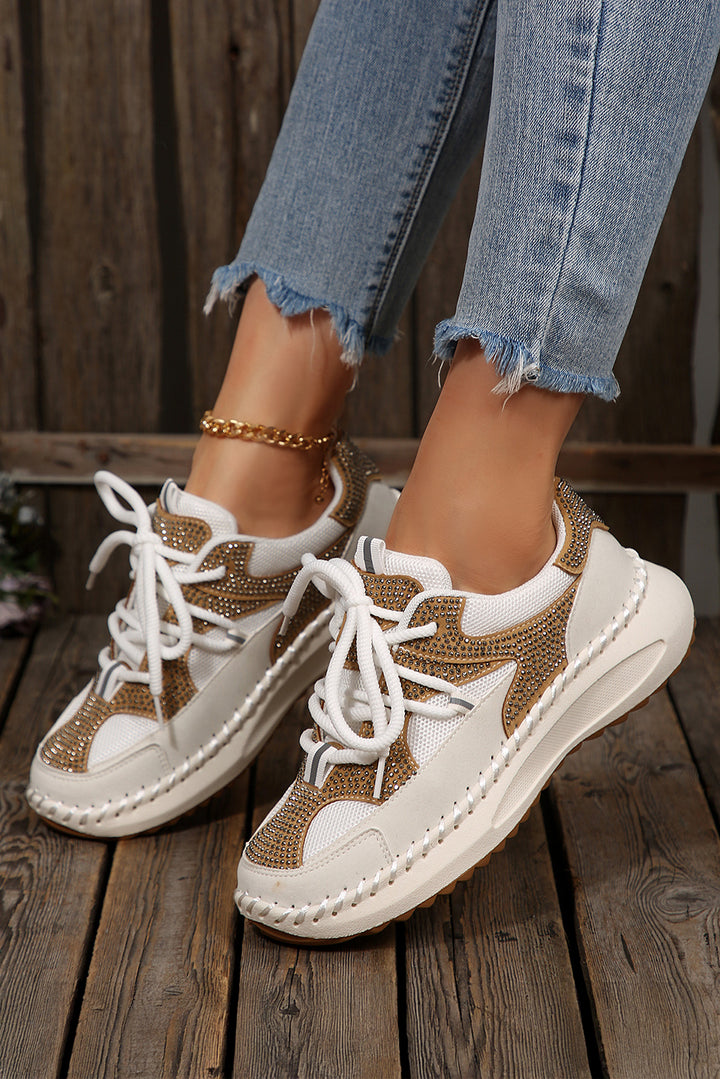 Rhinestone Embellished Color Block Patchwork Lace-up Breathable Sneakers