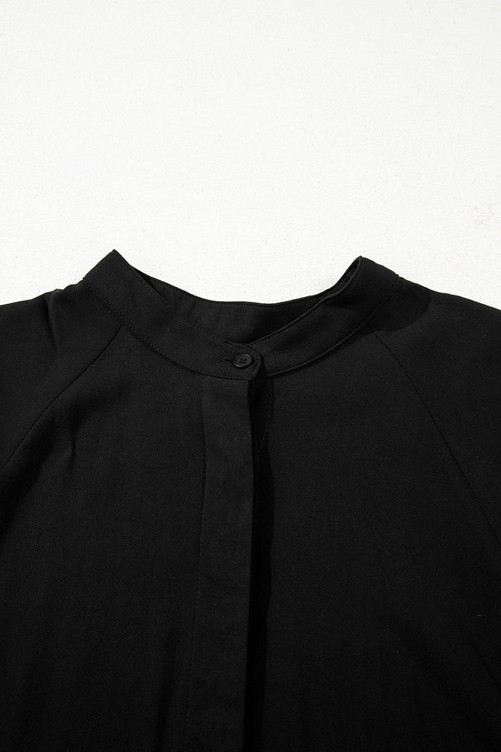 Black Hidden Buttons Short Sleeve Ruffle Tiered Long Flared Dress