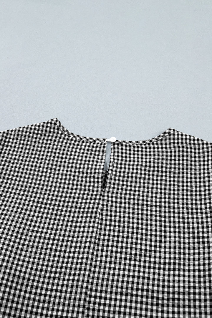 Black Plaid Bow Ruffled Half Sleeve Round Neck Blouse