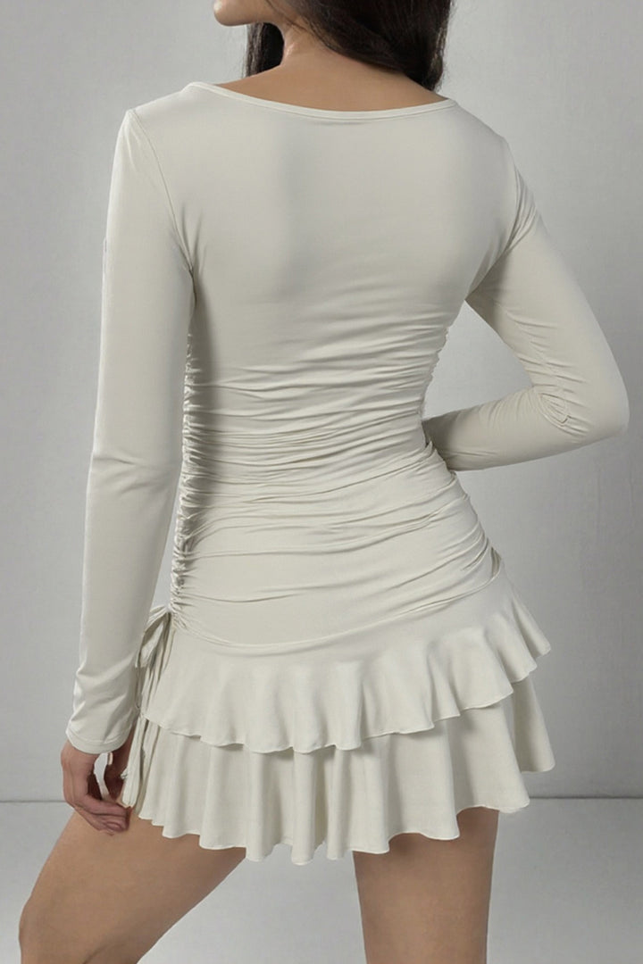 White Solid Color Long Sleeve Drawstring Ruffle Tiered Mini Dress