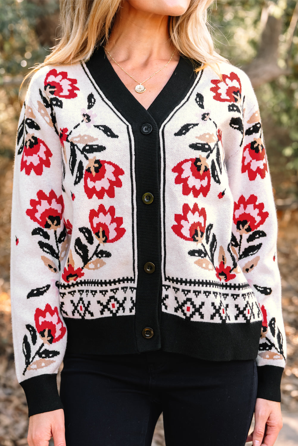 Floral Print Buttoned Front V Neck Knit Cardigan