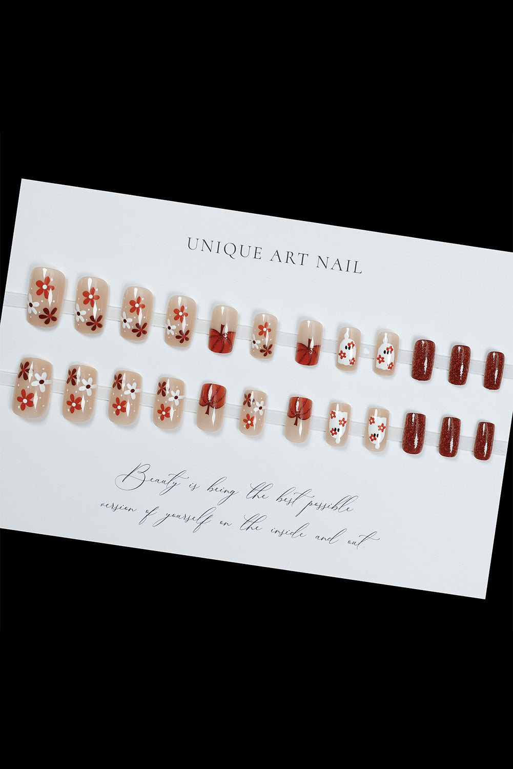 Faux ongles carrés pailletés motif fleur fantôme d'Halloween