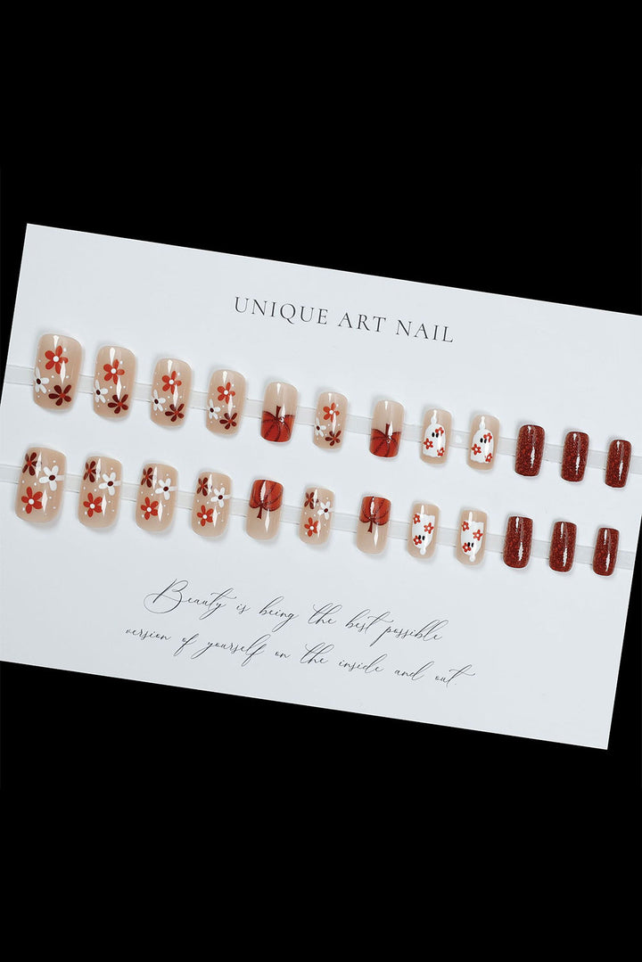 Faux ongles carrés pailletés motif fleur fantôme d'Halloween