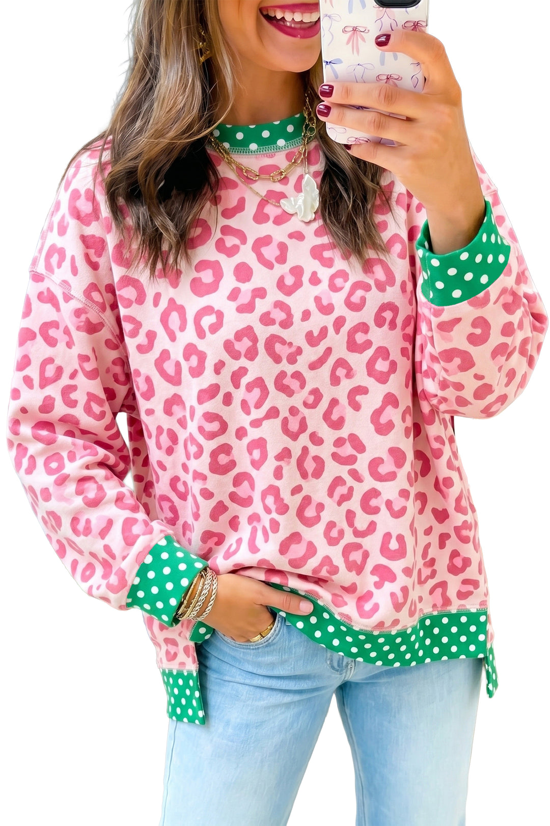 Pink Leopard Polka Dot Colorblock Trim Long Sleeve Top