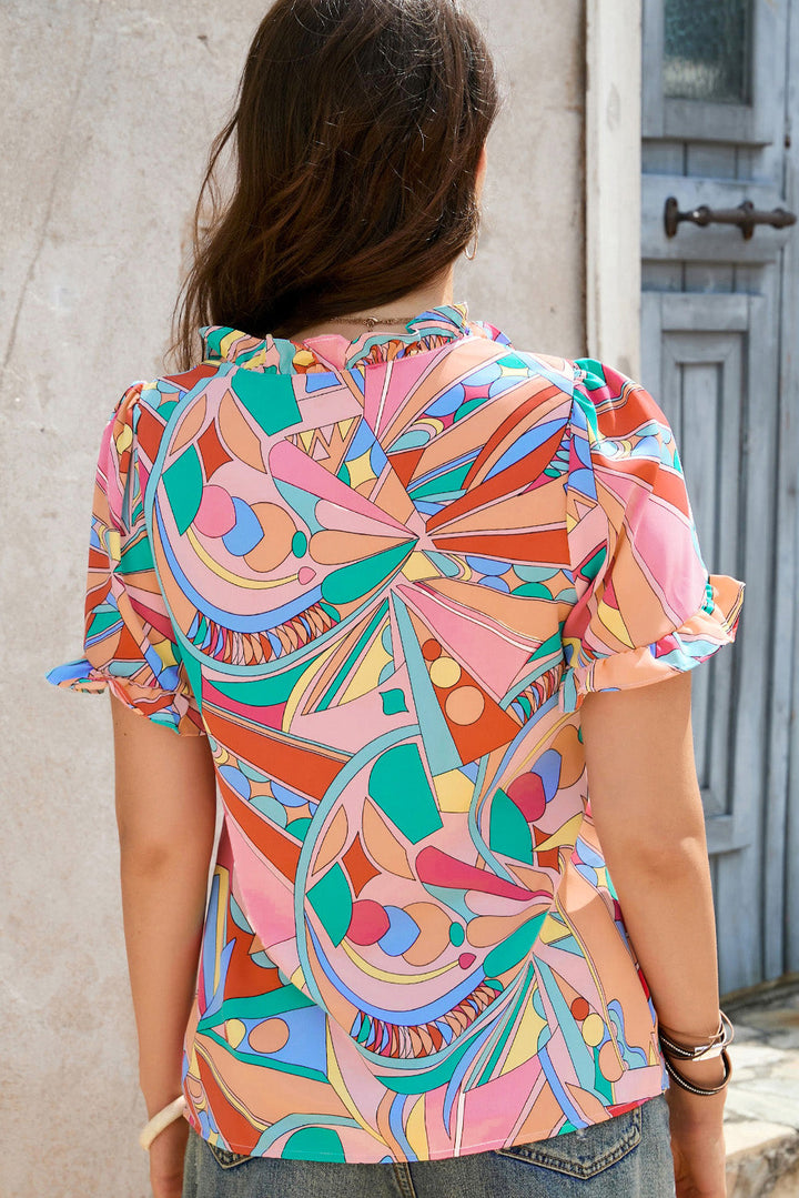 Multicolor Abstract Geometry Print Frilled V Neck Blouse