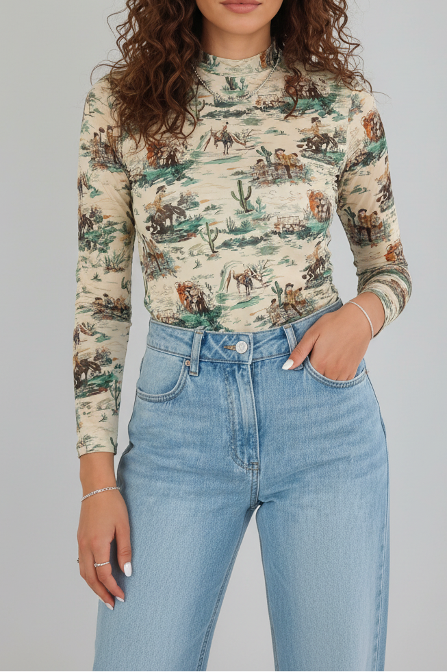Green Western Print Long Sleeve Round Neck Slim Top