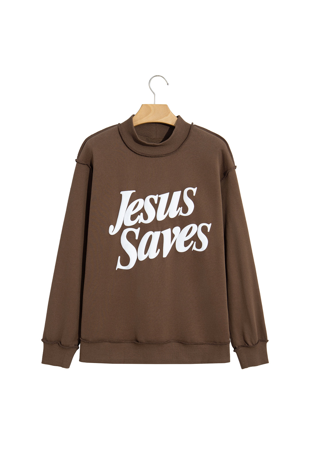 Dark Brown Jesus Saves Slogan Print Stand Neck Baggy Sweatshirt