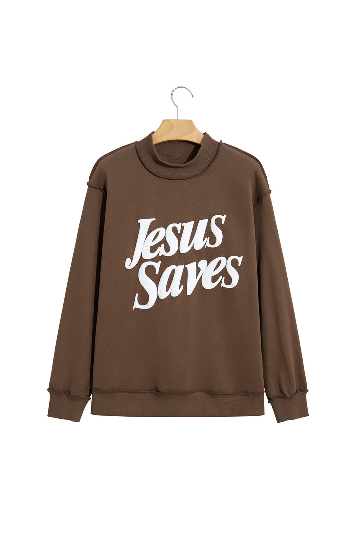 Dark Brown Jesus Saves Slogan Print Stand Neck Baggy Sweatshirt