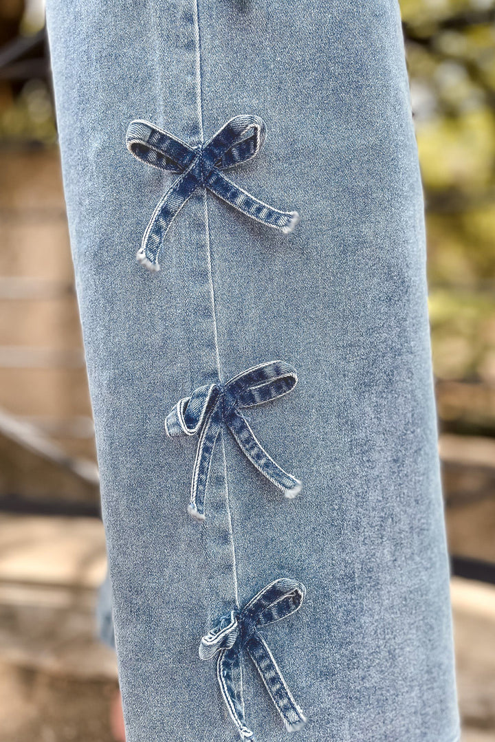 Beau Blue Bow Knot Side Detail Straight Leg Loose Jeans