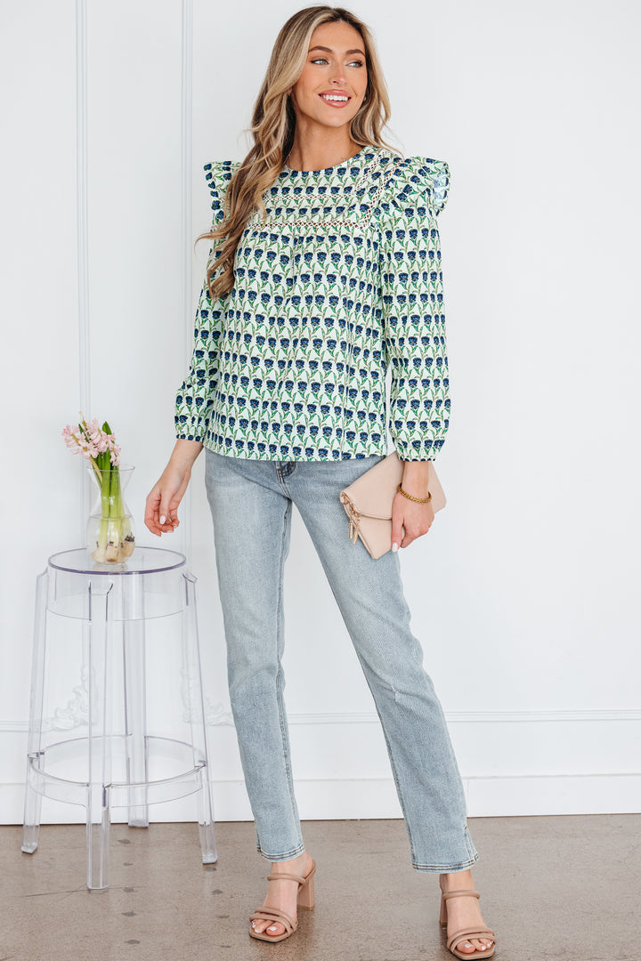 Floral Print Lace Detail Ruffle Trim Long Sleeve Blouse