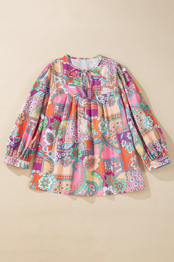 Boho Floral Bubble Sleeve Tassel Tied Neck Pleated Blouse