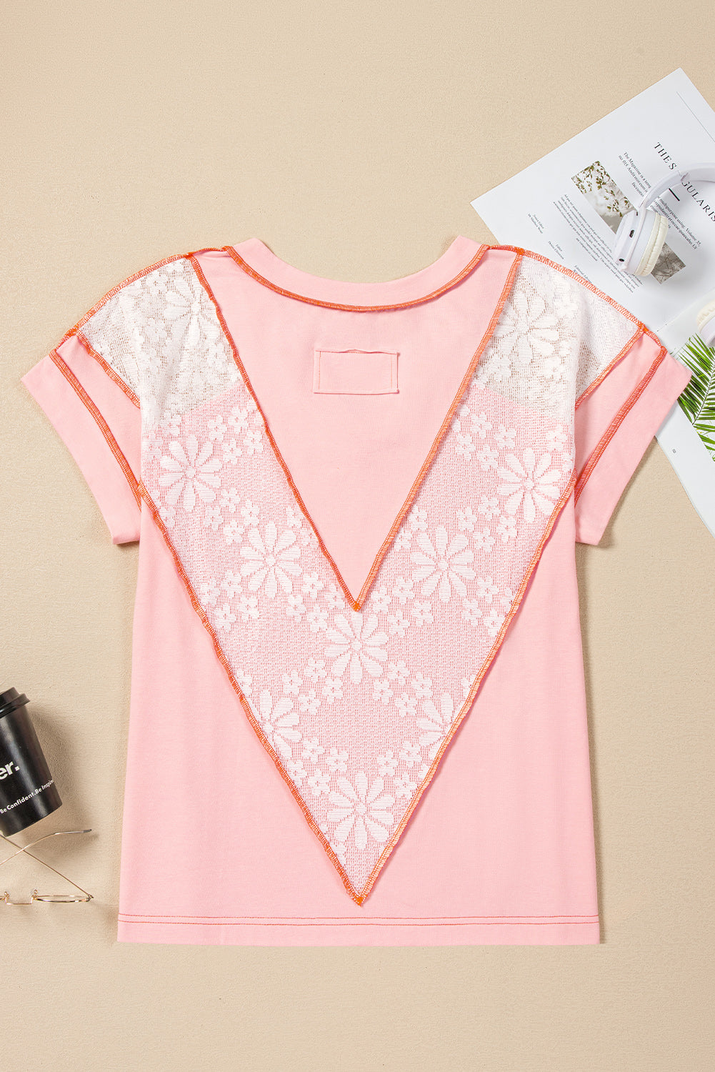 Lace Patchwork Exposed Seam V Neck T Shirt