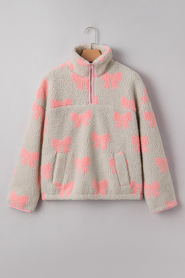 Bow Sherpa Quarter Zip Drop Shoulder Baggy Sweatshirt