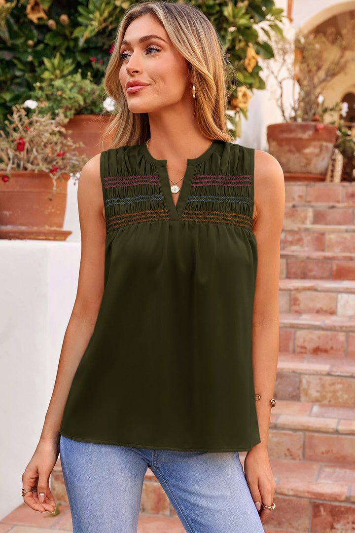Jungle Green Shirred Contrast Stitch V Neck Sleeveless Shift Top