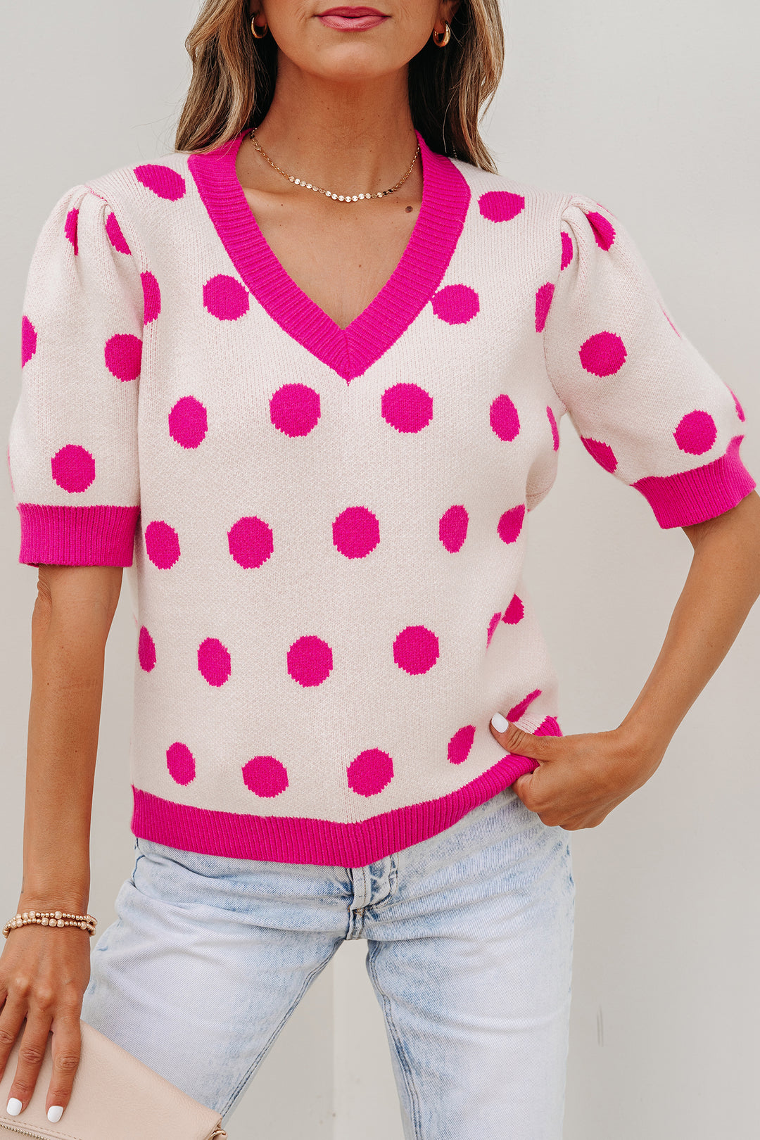 Pink Polka Dot Puff Short Sleeve Sweater Top
