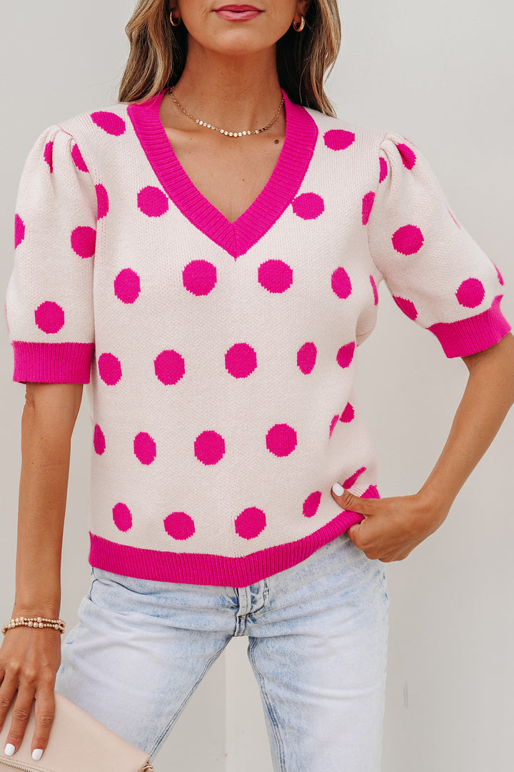 Pink Polka Dot Puff Short Sleeve Sweater Top