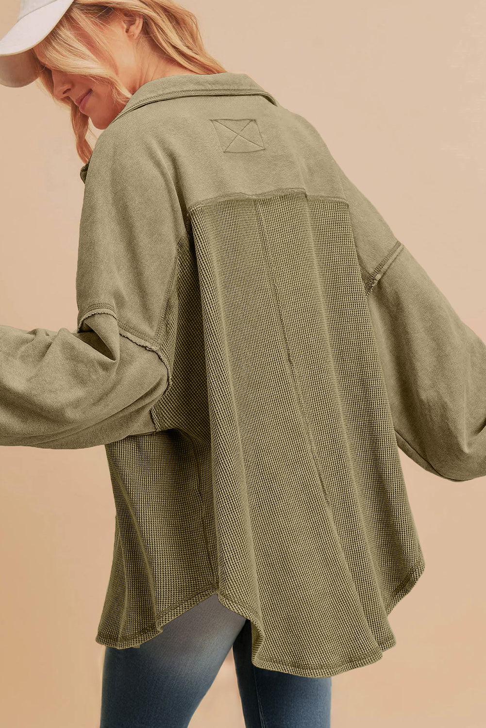 Moss Green Waffle Knit Buttoned Oversized Shacket