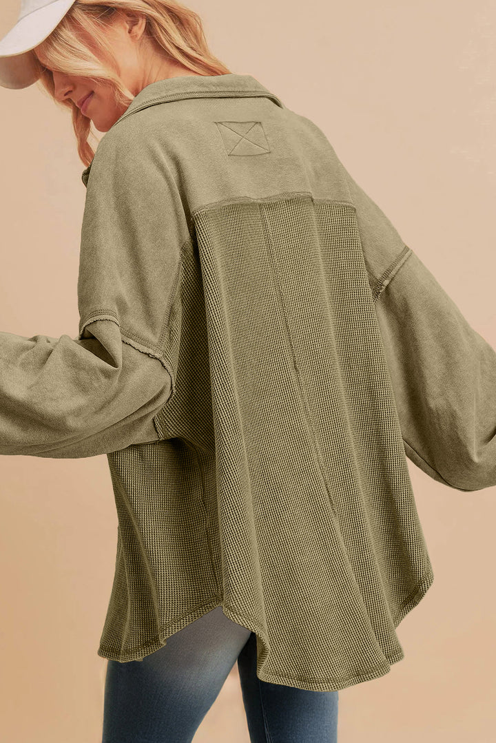Moss Green Waffle Knit Buttoned Oversized Shacket
