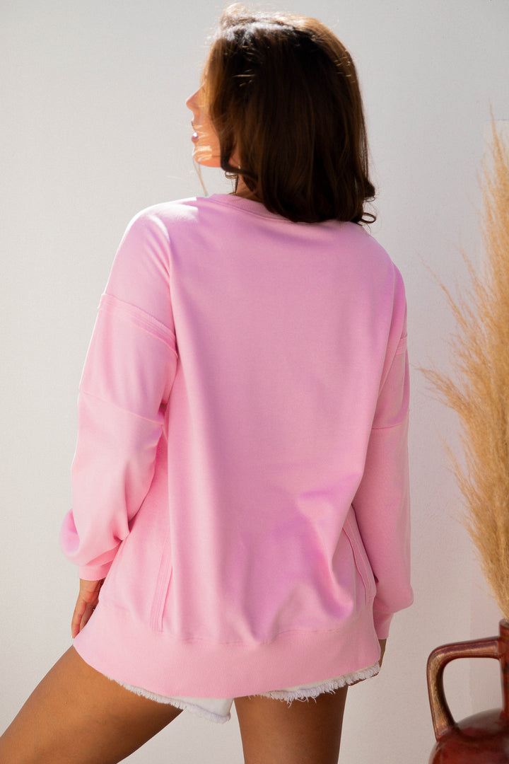 Bow Sequin XOXO Letter Graphic Exposed Seam Baggy Sweatshirt
