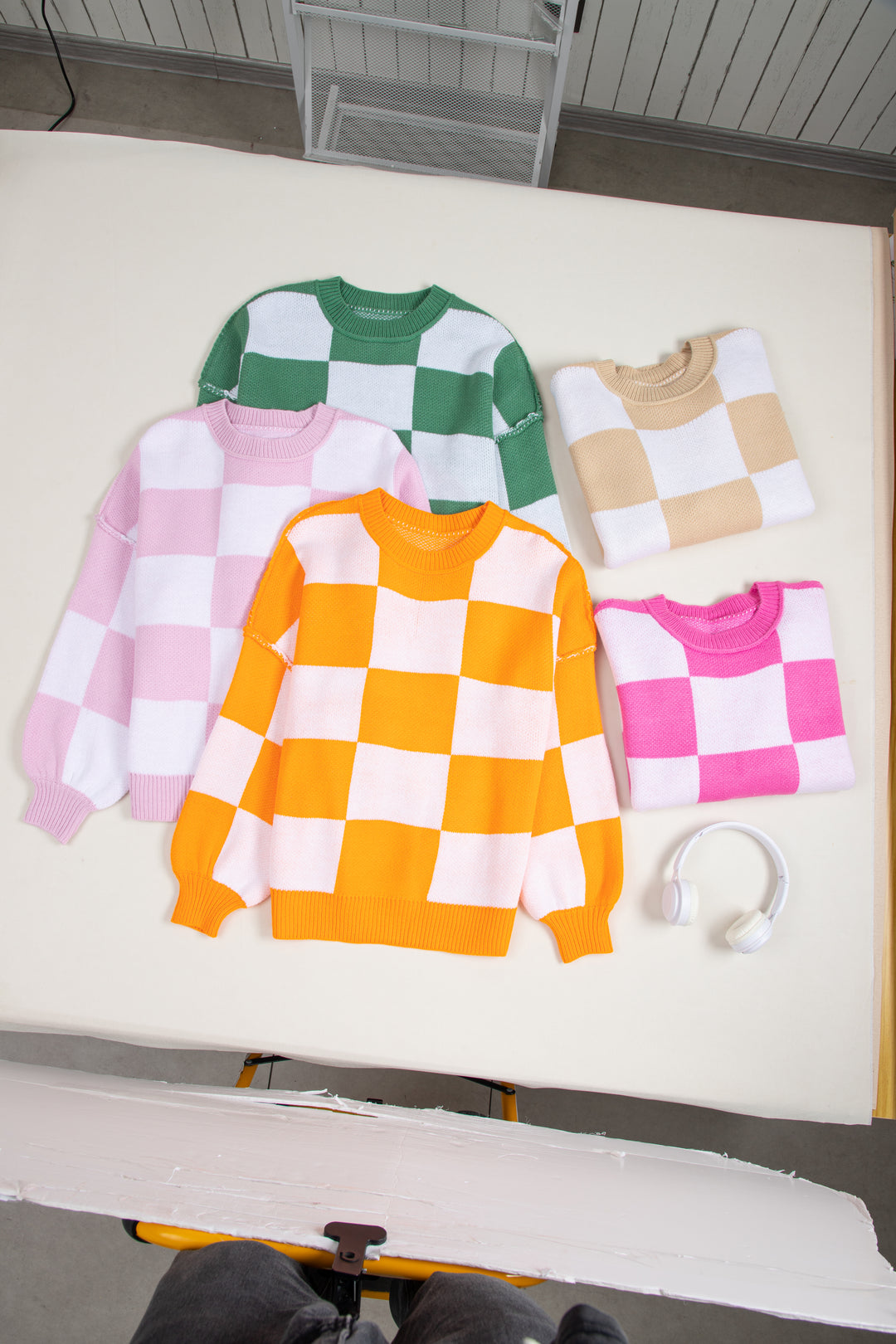 Khaki Checkered Bishop Sleeve Sweater