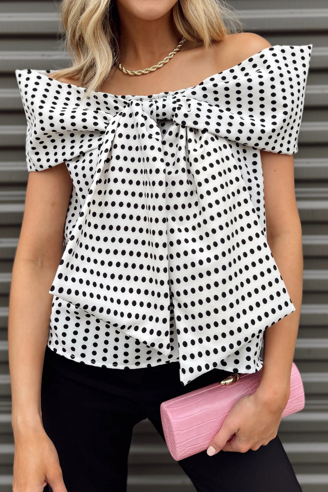 White Polka Dot Off Shoulder Bow Knot Short Sleeve Blouse