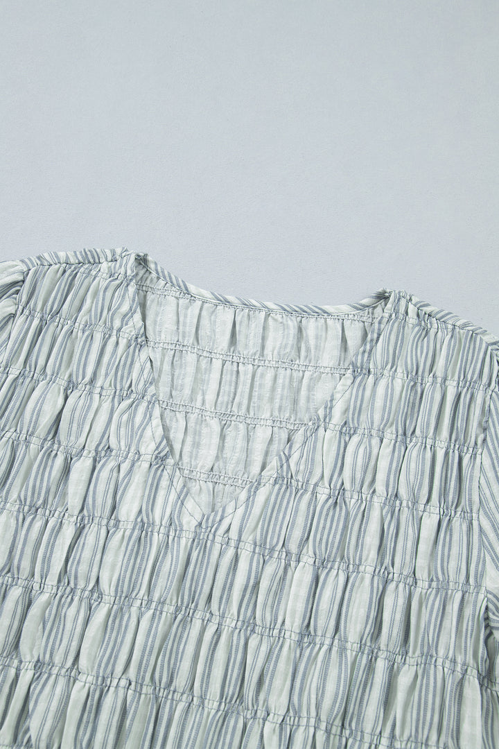 Blue Stripe V Neck Shirred Long Sleeve Blouse