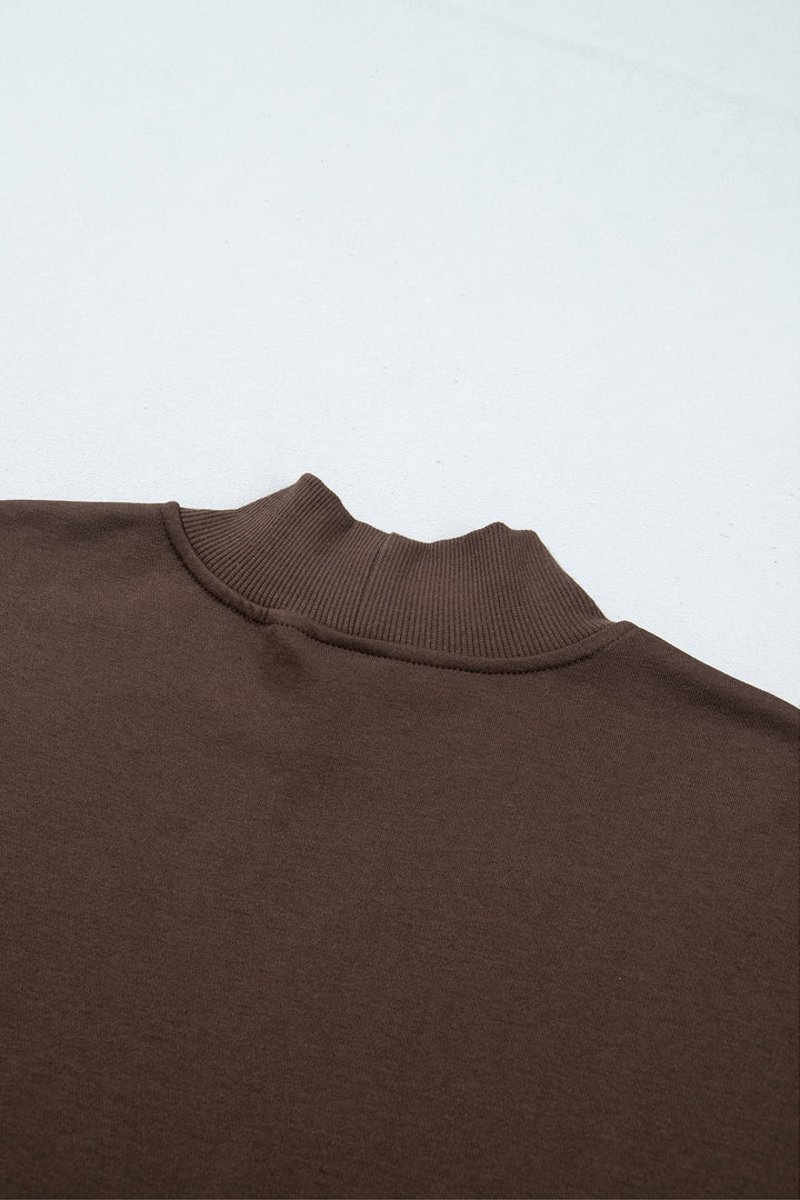 Coffee Solid Color High Neck Lace Splicing Hem Pullover Sweatshirt