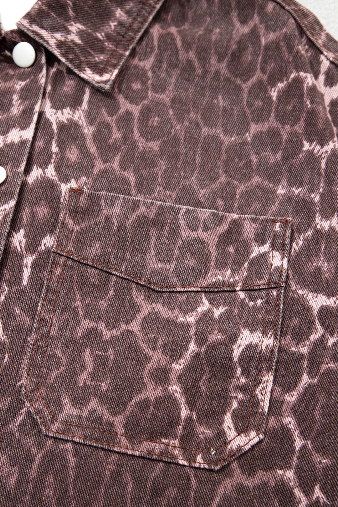 Khaki Oversized Leopard Print Long Sleeve Patch Pocket Denim Jacket