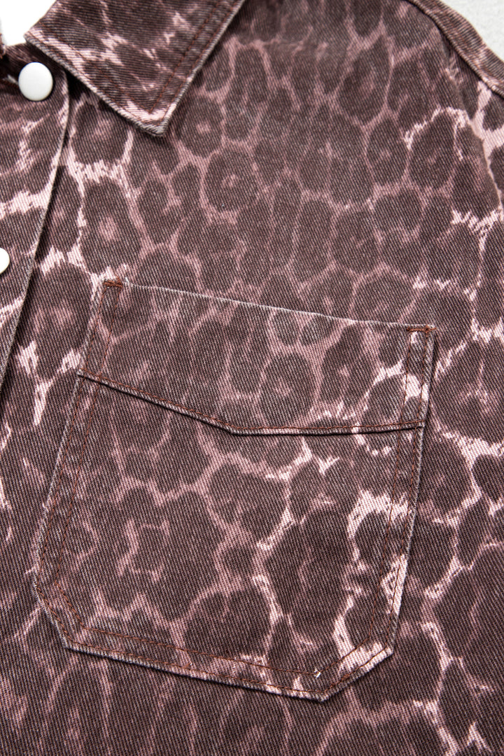 Khaki Oversized Leopard Print Long Sleeve Patch Pocket Denim Jacket