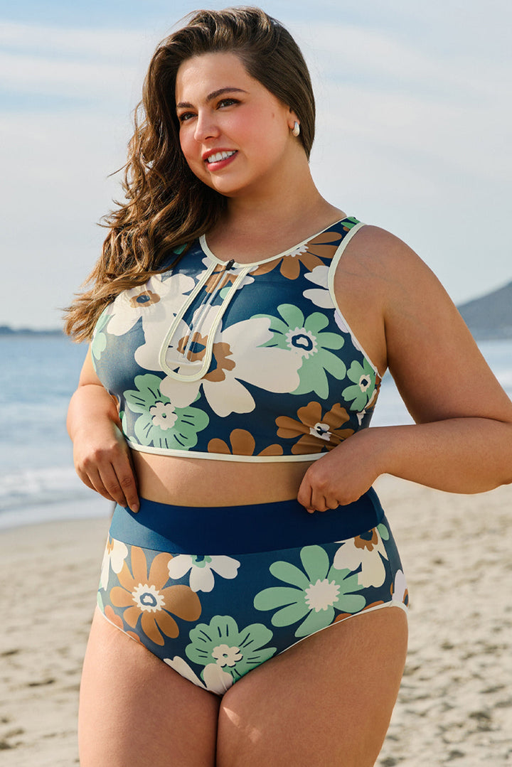 Floral Printed Zipped Plus Size Two Pieces Bikini