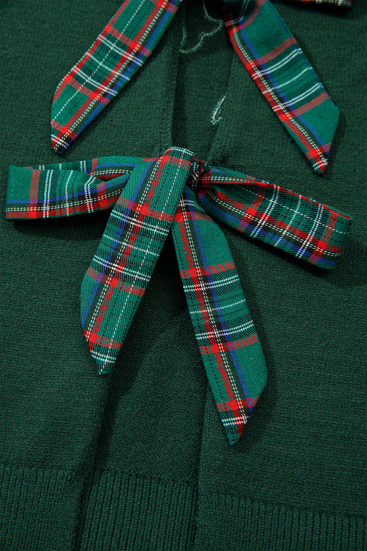Blackish Green Plaid Bow Detail Drop Shoulder Christmas Sweater