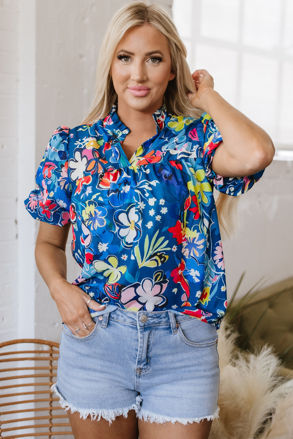 flower print collared v neck puff short sleeve loose blouse