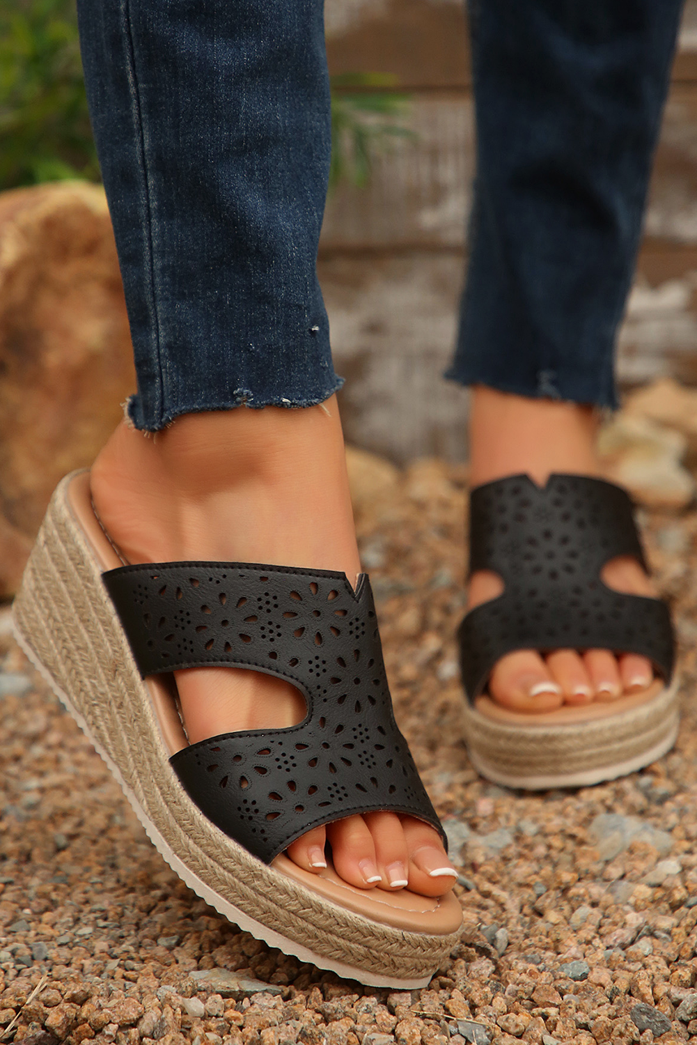 Flower Hollow Out PU Leather Wedge Slippers