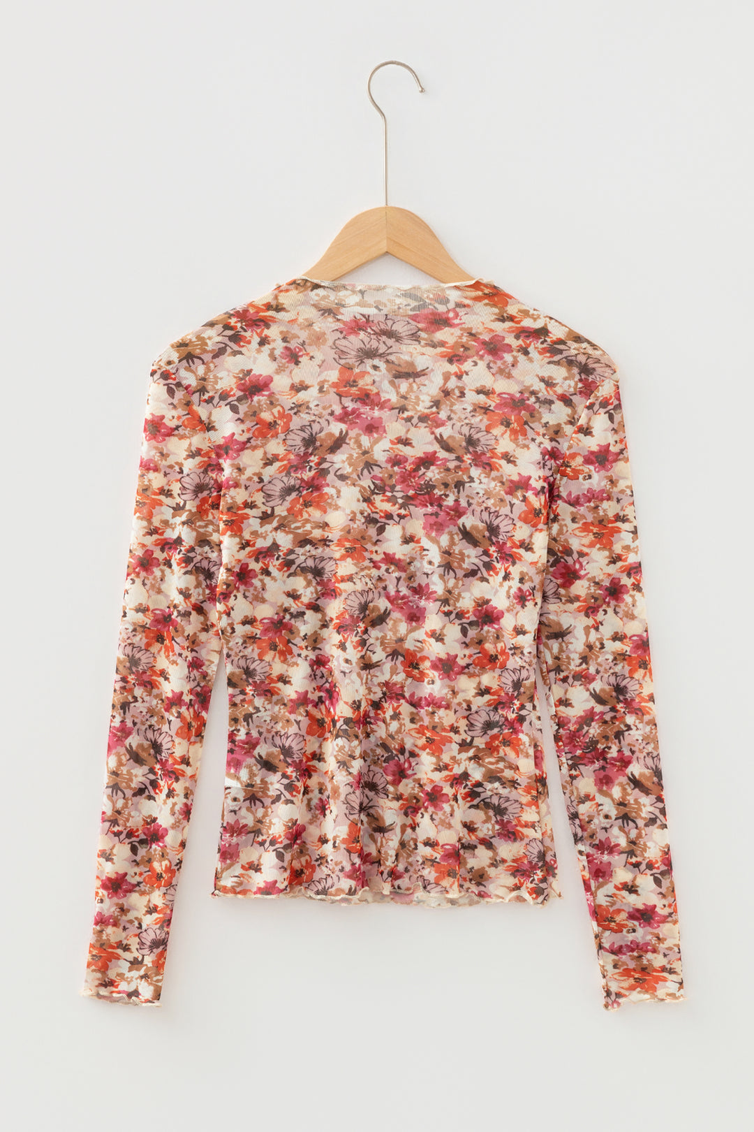 Lettuce Trim Floral Print Mesh Long Sleeve Top