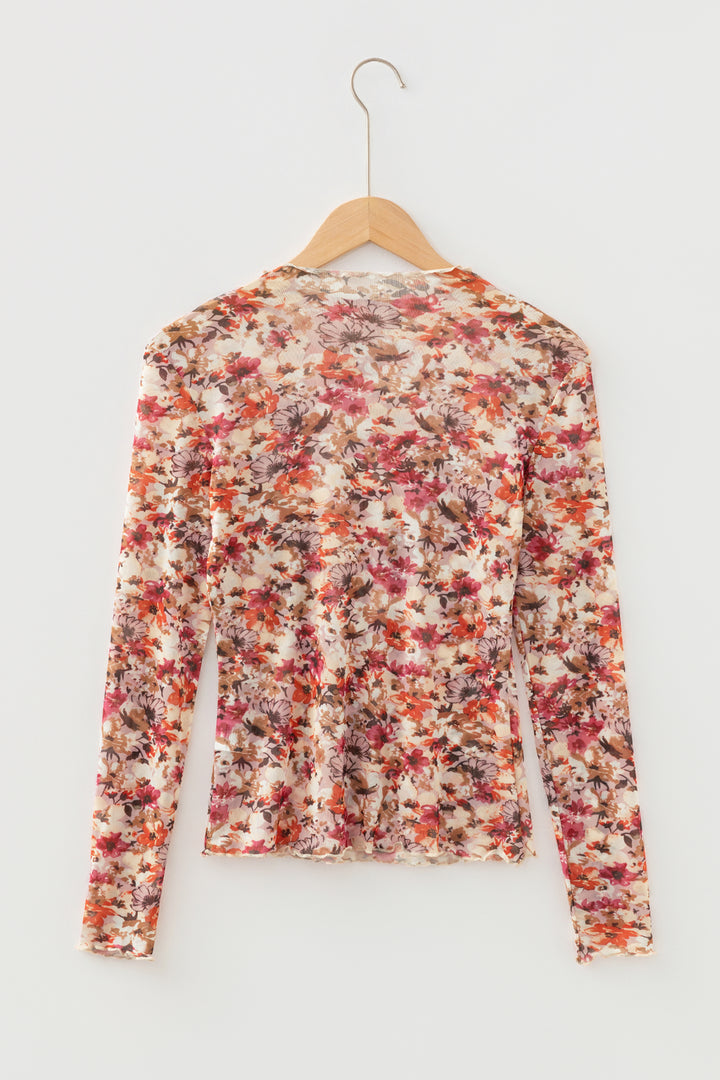 Lettuce Trim Floral Print Mesh Long Sleeve Top