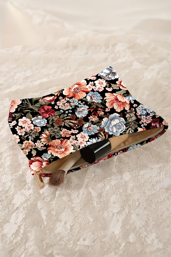 Flower Print Zipper Ribbed Corduroy Large Makeup Bag