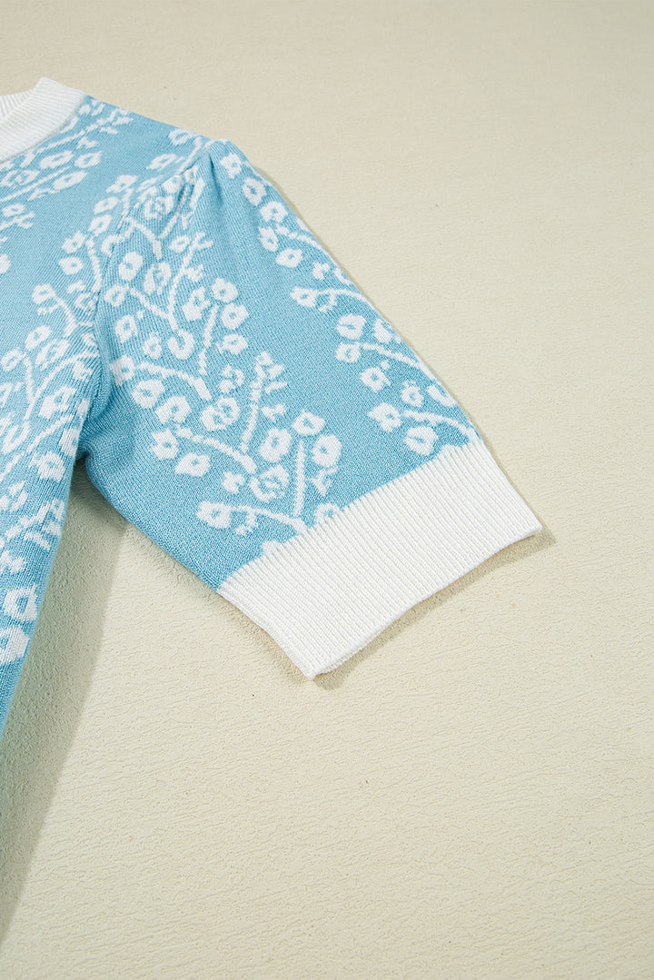 Contrast Floral Crewneck Short Sleeve Sweater