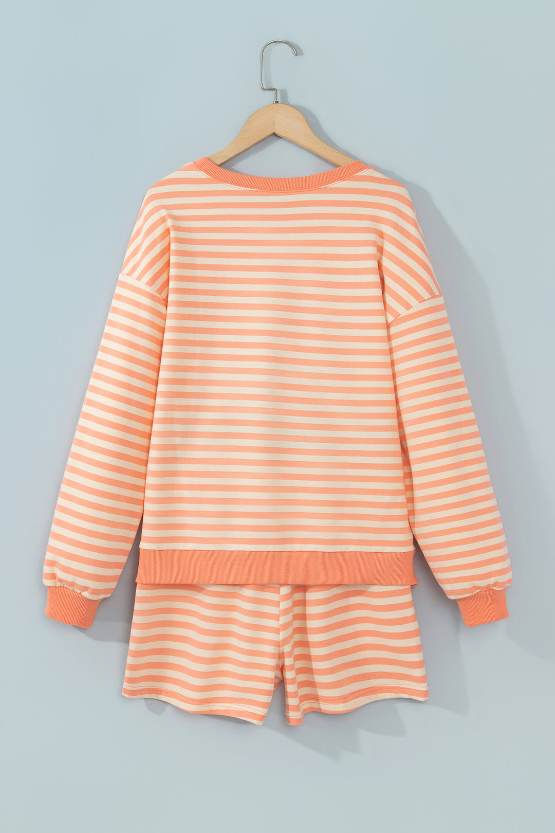 Grapefruit Orange Drop Shoulder Long Sleeve Pullover Elastic Waist Casual Short Set