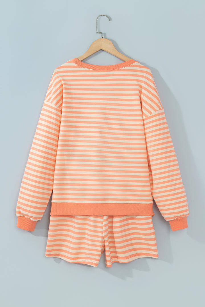 Grapefruit Orange Drop Shoulder Long Sleeve Pullover Elastic Waist Casual Short Set