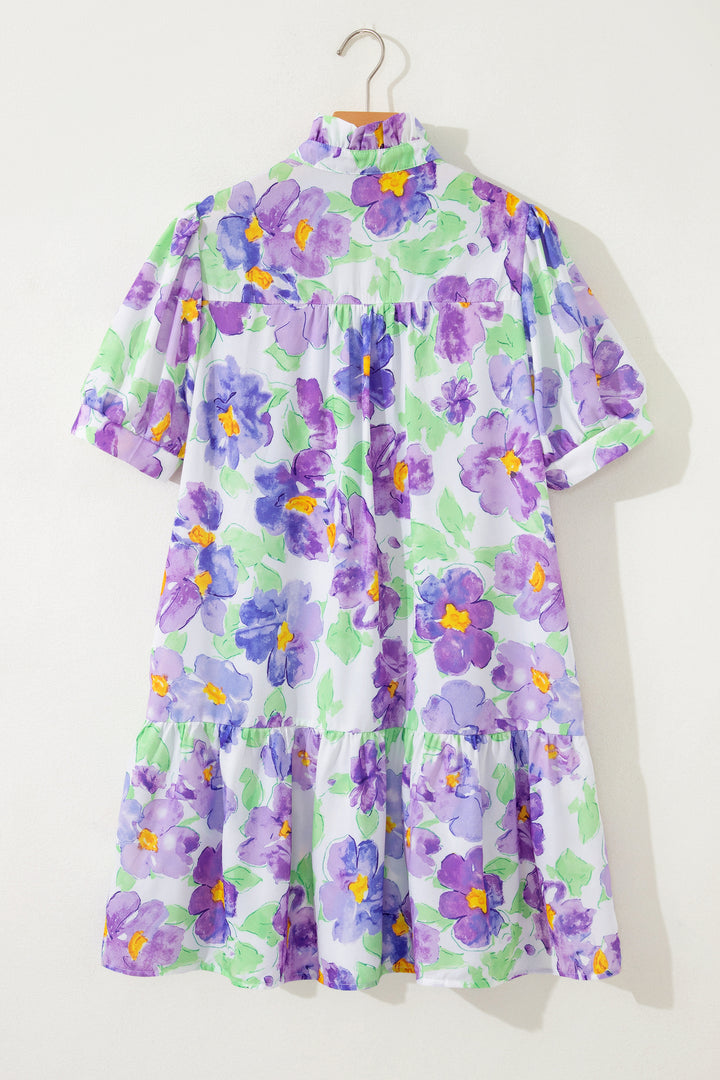 Purple Floral V Collar Short Sleeve Tiered Ruffle Mini Dress