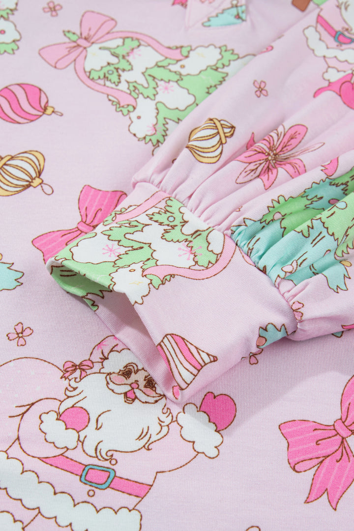Pink Christmas Print Button Front Long Sleeve Lounge Set