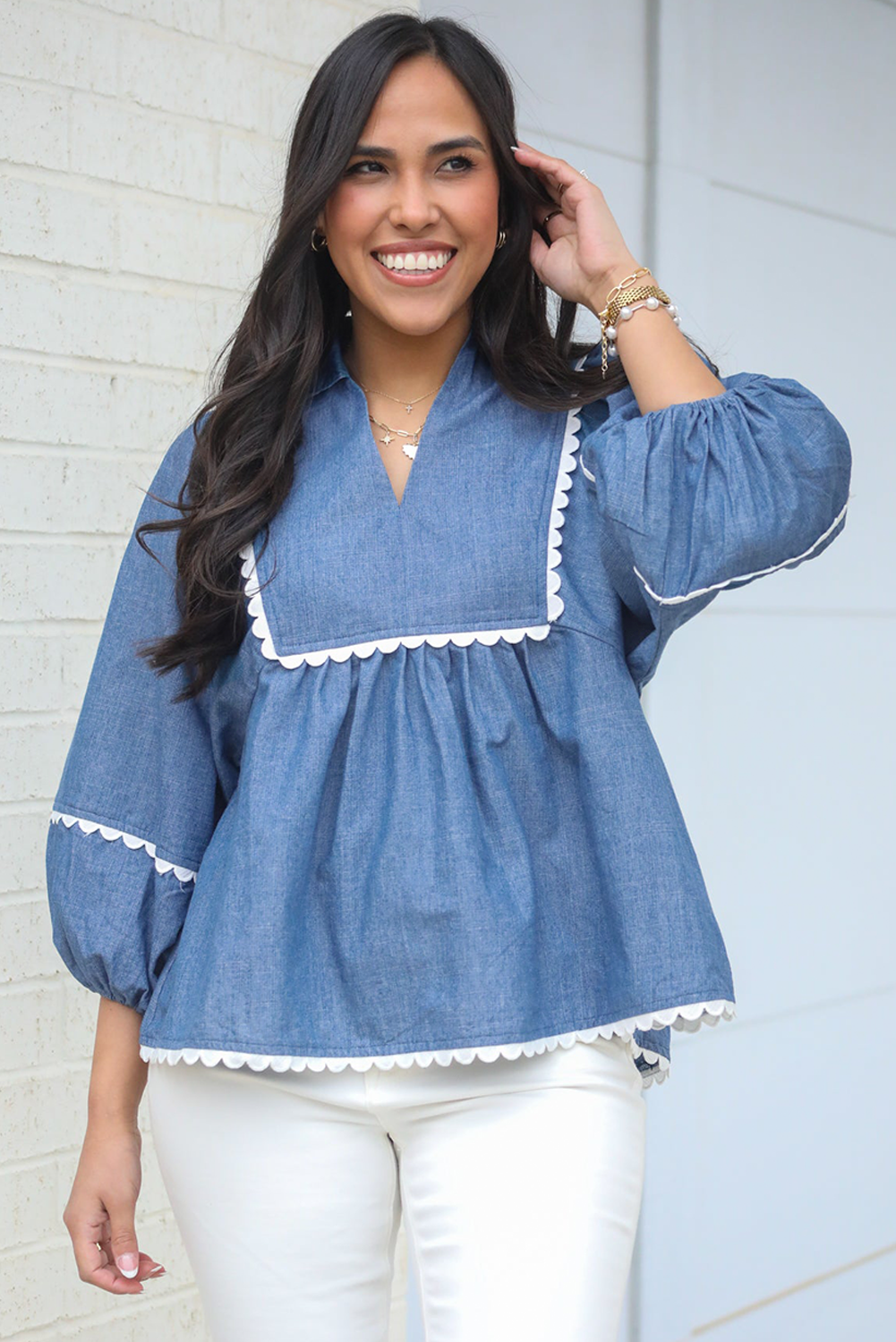 Lace Ric Rac 3/4 Puff Sleeve Collared Babydoll Blouse