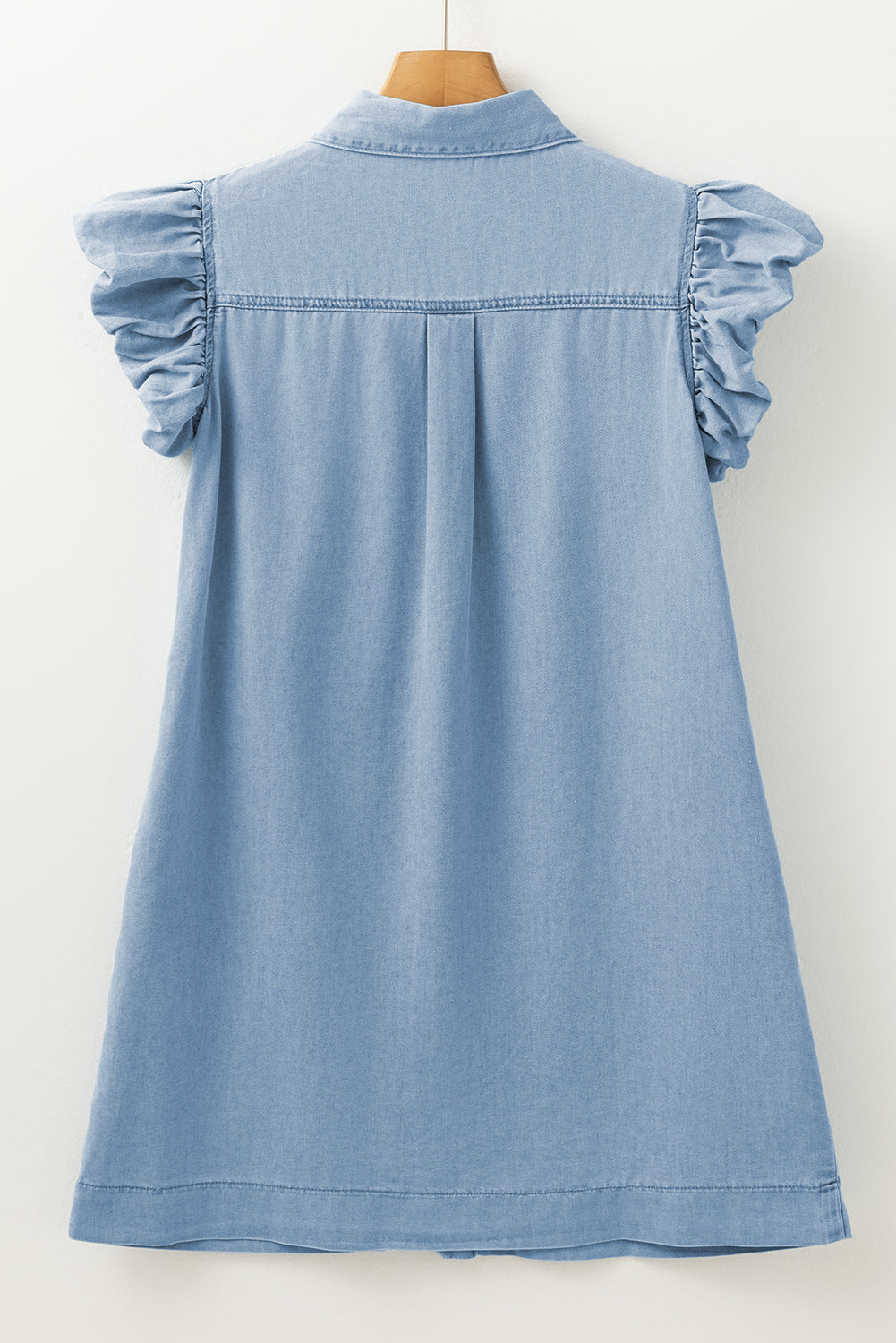 Flutter Sleeve Shirred Detail Button Up Denim Mini Dress